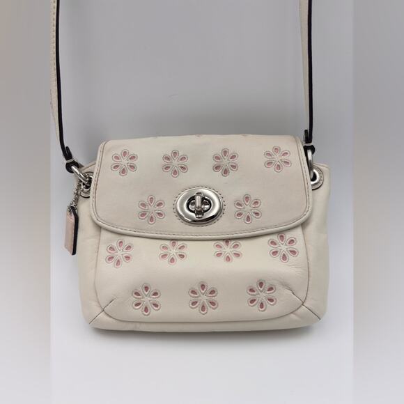 Coach Ivory Leather Mini Crossbody Bag with Pink Floral Eyelet Cutout & Turnlock - Picture 3 of 8